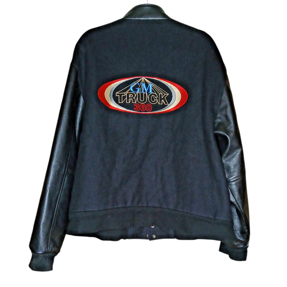 Vintage Mens XL GM Truck 360 Varsity‎ Jacket Black Leather Sleeves Full Snap - Picture 2 of 11